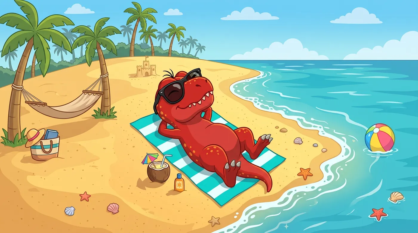Dony Dino tomando el sol en una playa de Yucatán